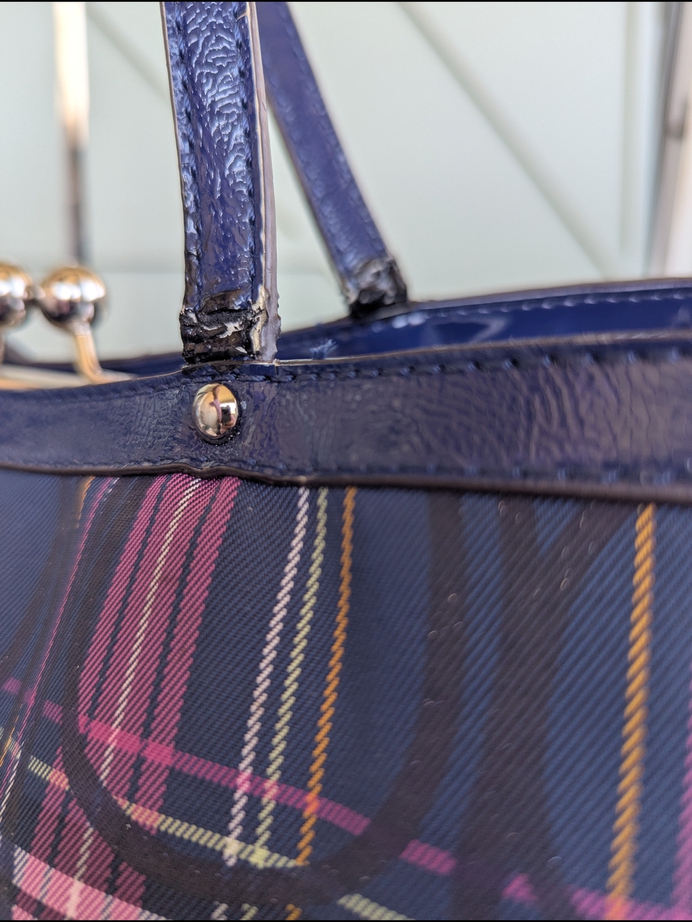 Coach Navy Plaid Tote with Pink and White Accents - Picture 8 of 14